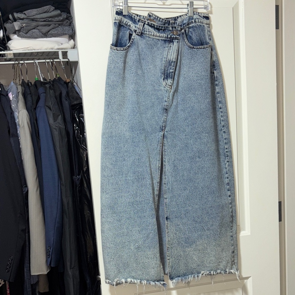 Denim Maxi Skirt with Frayed Hem